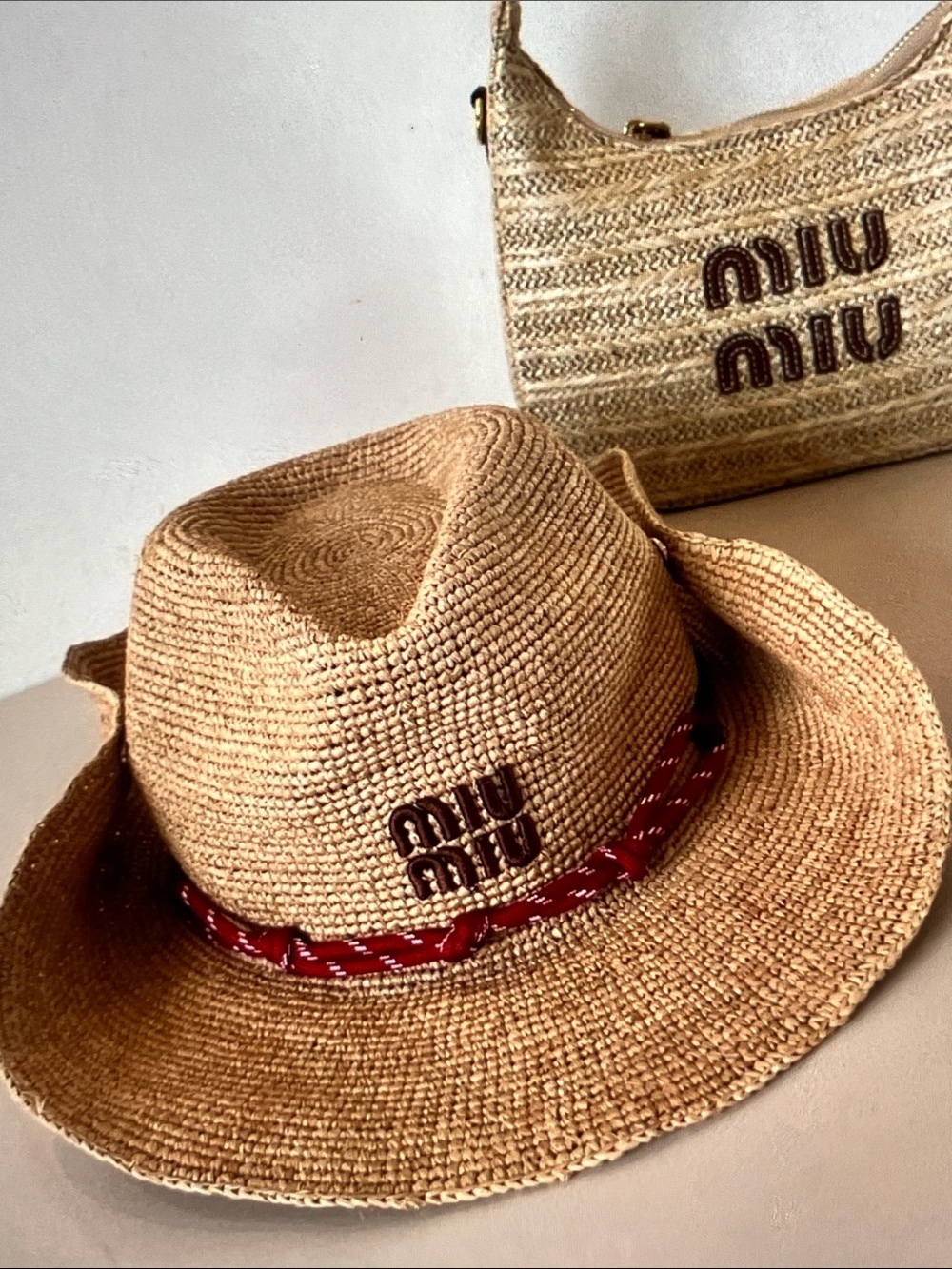 Miu Miu Natural Straw Fedora with Red Braided Trim - Picture 4 of 7